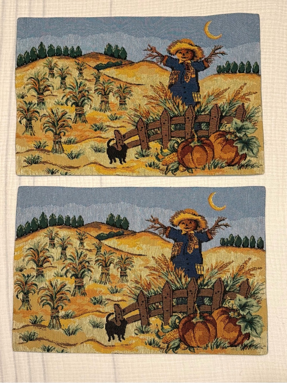Vintage Woven Tapestry Fall Harvest Scarecrow Black Cat Placemat Set Of 2